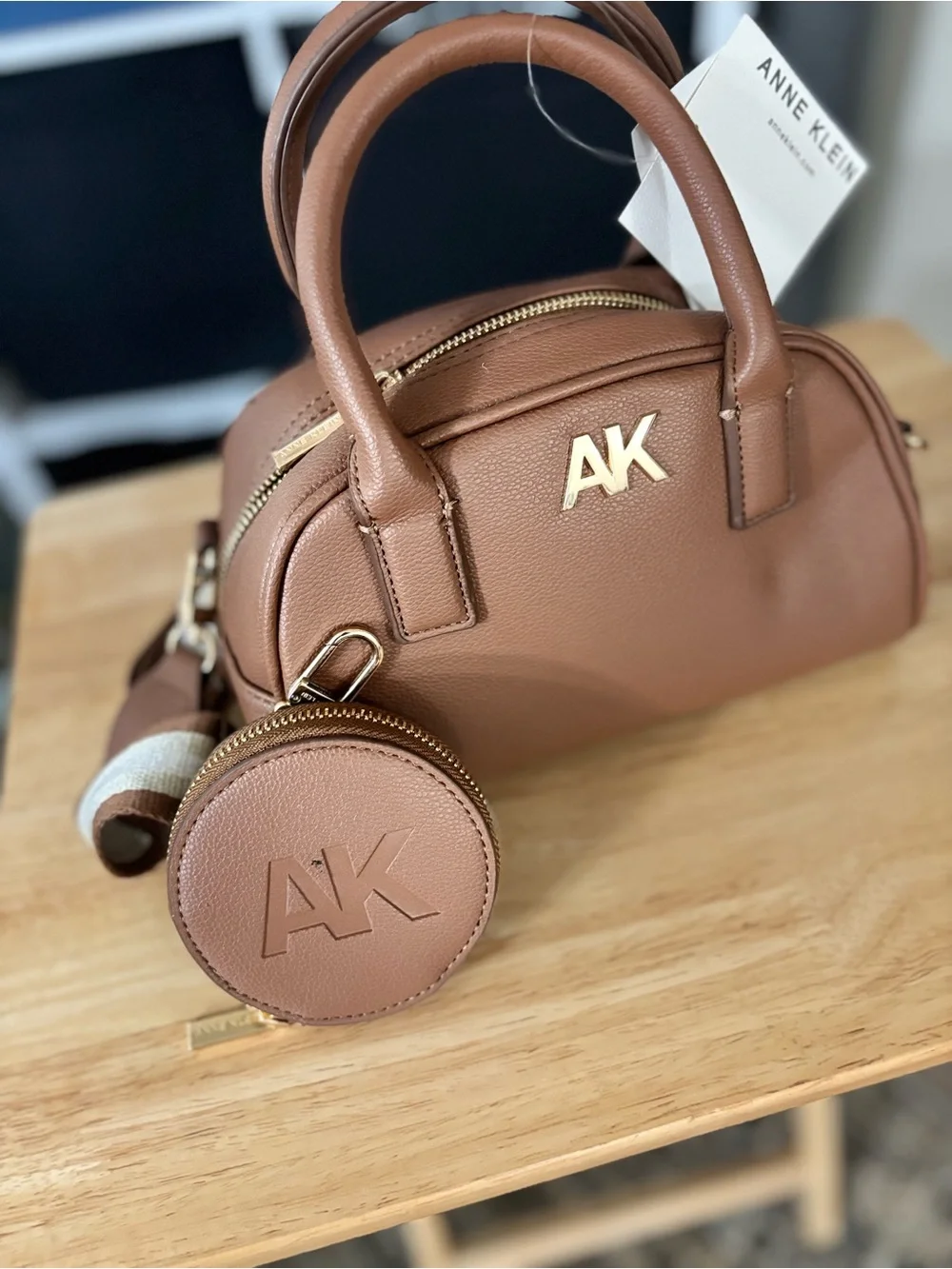 Anne Klein Tan Dome Satchel with Gold Hardware